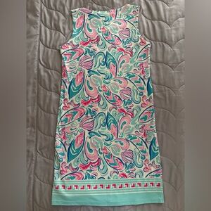 Pink and Blue Sleeveless Sheath Dress with Crew Neck